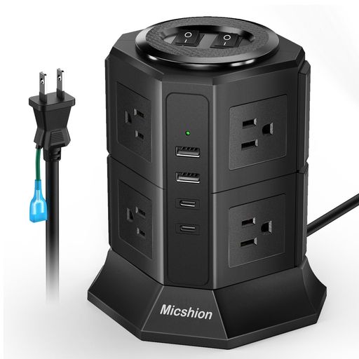 延長コード2M電源タップタワーType-C付8個AC口2個USB-Cポート2個USB-AポートMicshionUSBコンセント個別スイッチ型テーブルタップ雷ガードusb-c付きたこ足配線過負荷保護2層省エネブラック...