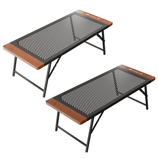 SUN-YE折り畳みキャンプテーブルアウトドアメッシュデザイン木製境界線かがり火コンロ置きクーラーボックススタンド相応う専用納める袋一往付き添い人(黒いこと2個)