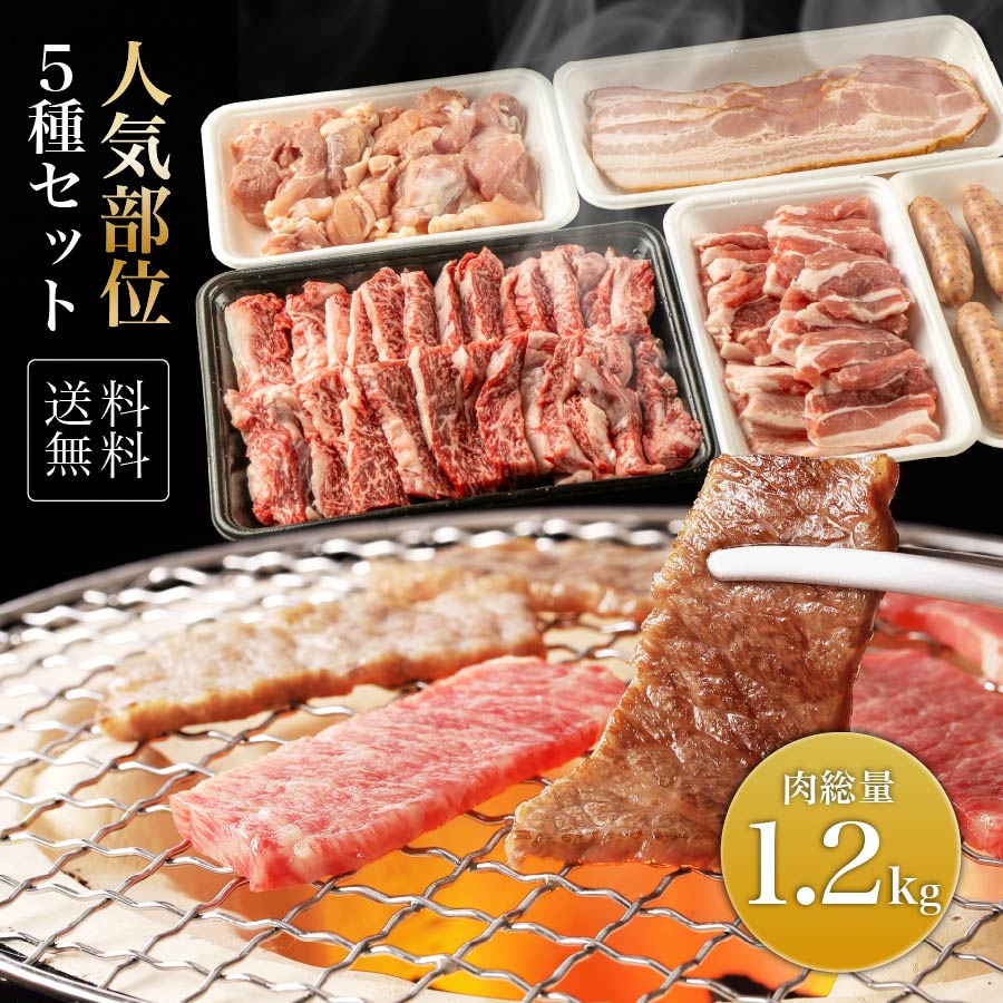 牛肉 焼肉 焼き肉セット 国産 盛り合わせ 5種盛り 送料無料 約1.2kg【吟醸牛カルビ500g+国産豚バラカルビ270g+ 若鶏もも270g+厚切りベーコン3枚+スーパーブーウインナー6本】 バーベキュー BBQ 冷凍お届け お得 焼き肉屋の肉