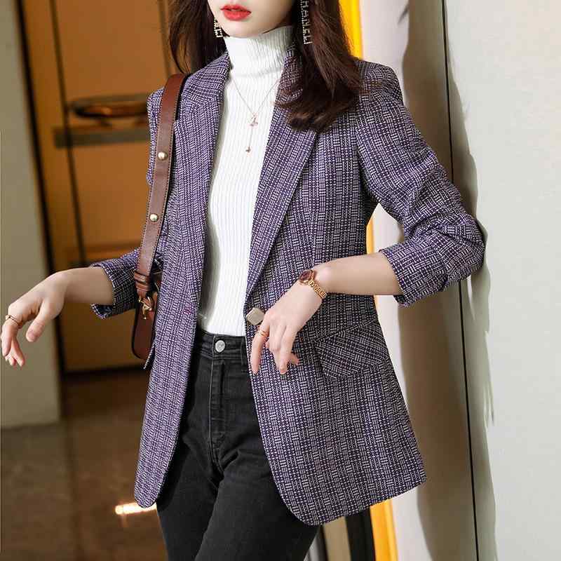 ジャケット レディース チェック柄 秋冬 テーラード オフィス 通勤 ビジネス きれいめ スリムフィット シングルボタン 切り替え ポケット付き 長袖 ポリエステル アウター