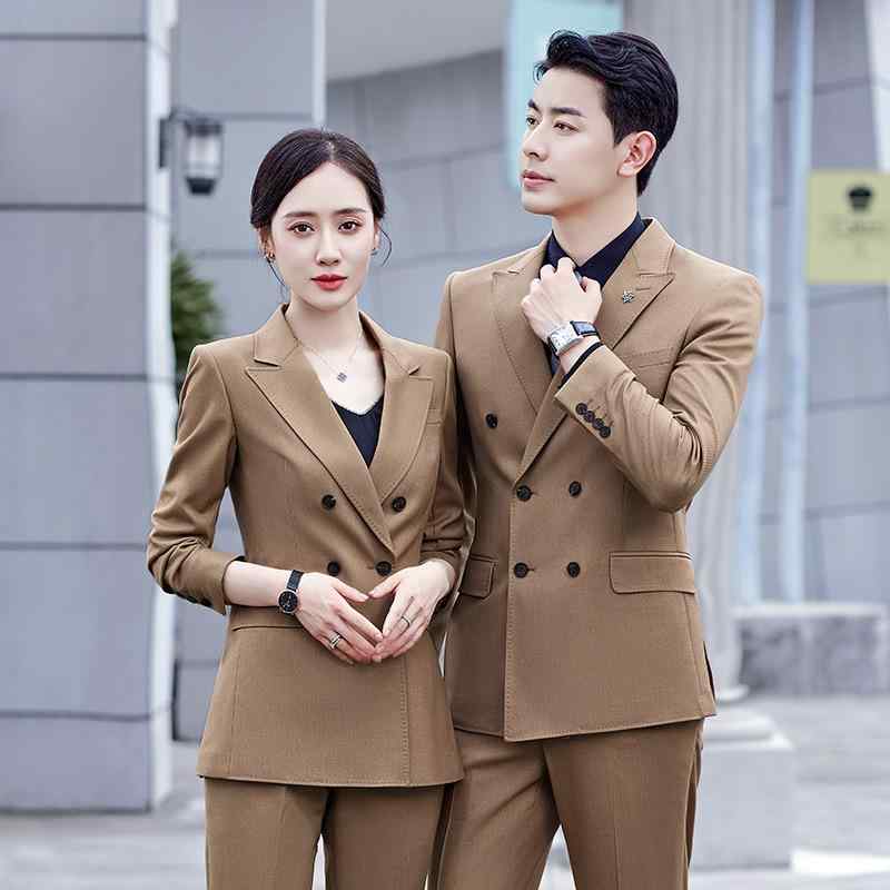 ジャケット 男女兼用 ユニセックス カーキ ダブルブレスト ポリエステル混 スリーシーズン ビジネス オフィス 事務服 制服 銀行 教師 向け 仕事着 オフィスカジュアル