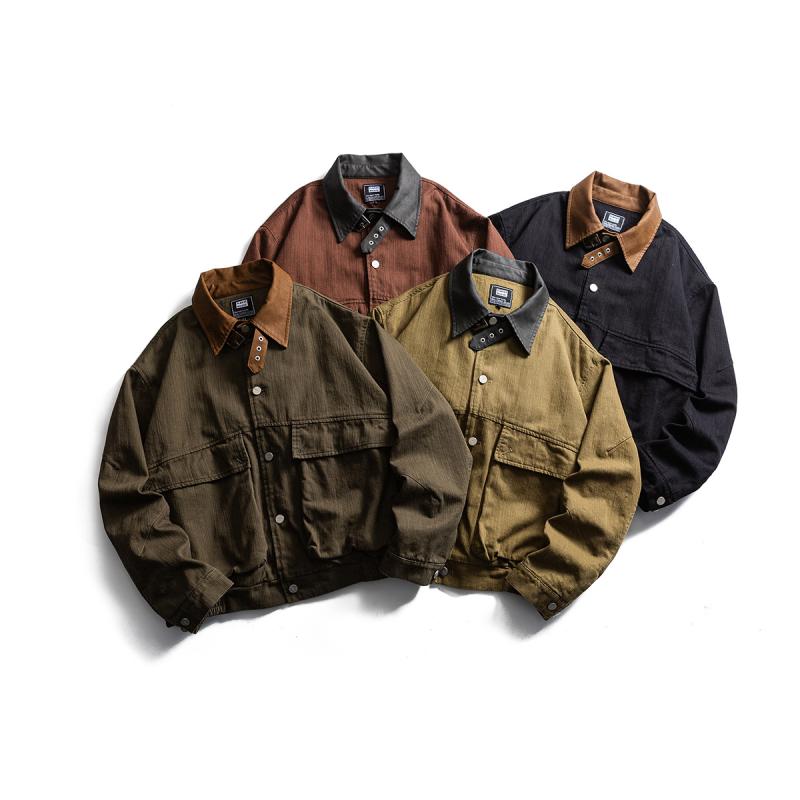 ジャケット メンズ 男性用 レトロ ブルゾン 配色 切り替え ワークジャケット コットン ?松 翻? カジュアル ブラック カーキ グリーン コーヒー色 秋