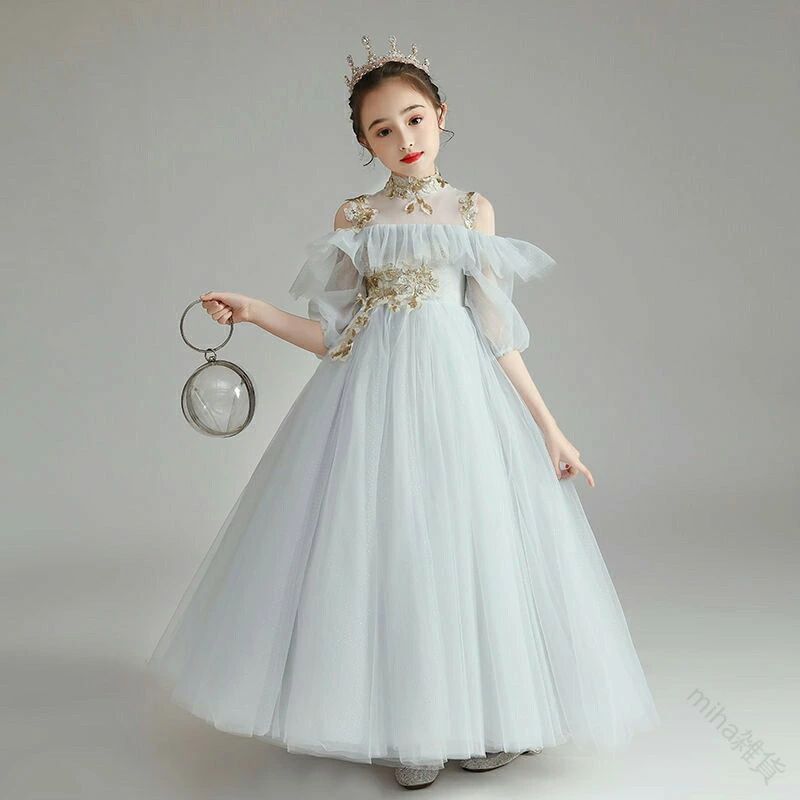 ピアノ 発表会 ドレス キッズ ドレス 女児 ドレス 子供 ドレス グレー ロング ドレス トレーン ドレス 立ち襟 オフショルダー チュール ドレス 肩出し ステージ ドレス 演奏会 ドレス フォーマル 七五三 お盆 入園式 卒園式 入学式 送料無料 100 110 120 130 140 150 160