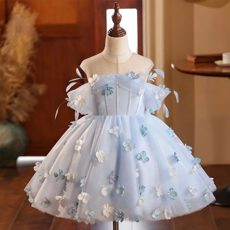 子供 ドレス 女児ドレス キッズドレス ショート丈 ブルー 水色 花柄 フラワー 可愛い オシャレ ワンピース 演奏会ドレス ピアノ発表会ドレス 結婚式 パーティー 誕生日 プレゼント ギフト 演出服 80~150cm