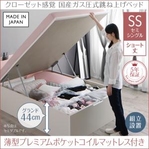【組立設置ｻｰﾋﾞｽ付】 跳ね上げ式ベッド 収納付きベッド ベッドフレーム すのこ収納 収納付き 薄型プレミアムポケットコイルマットレス付き ポケットコイル 【縦開き】 【セミシングルベッド 】 マットレスセット セミシングルサイズ ショート丈【深さ: グランド】