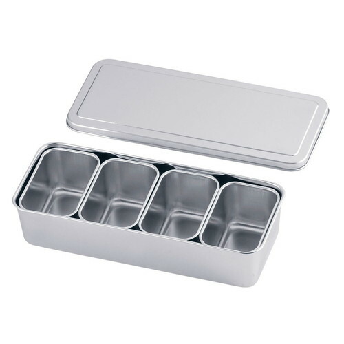 18-8プレス 00号用ヤクミ入 4ヶ入長 [ 幅:277 x 奥行:118 x H60mm ] [ 保存容器 ] | カスターセット 調味料入 卓上 薬味入 調理器具 キッチン 台所 プレゼント ギフト 結婚祝い 引き出物 内祝い 開店祝い 退職祝い せともの 瀬戸物 贈答品 贈り物 人気 通販