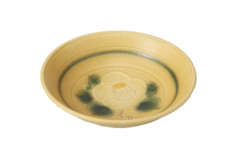 黄瀬戸椿絵 鉢（中）[16ｘ4.4cm] |和食器　鉢　おすすめ　おしゃれ　伝統　椿