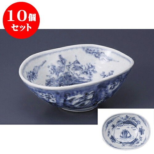 10個セット 向付 青しめ古染山水楕円向付 [17.6 x 14 x 7cm] | 和食器 鉢 小鉢 ボウル 浅鉢 料亭 ホテル 食器 業務用 飲食店 カフェ うつわ 器 おしゃれ かわいい ギフト プレゼント 内祝い 誕生日 贈り物 贈答品 おすすめ 食器セット｜せともの本舗