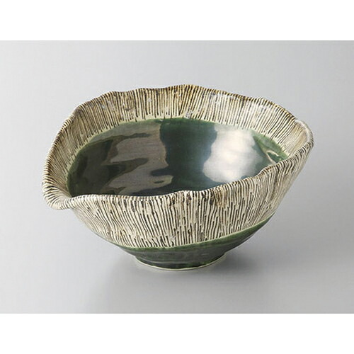 大鉢・盛鉢 織部十草片口深鉢 [20 x 17.6 x 8.7cm] 土物 | 盛り鉢 盛鉢 万能 取り鉢 おすすめ 食器 業務用 飲食店 カフェ うつわ 器 おしゃれ かわいい お洒落 可愛い おしゃれ かわいい お洒落 可愛い