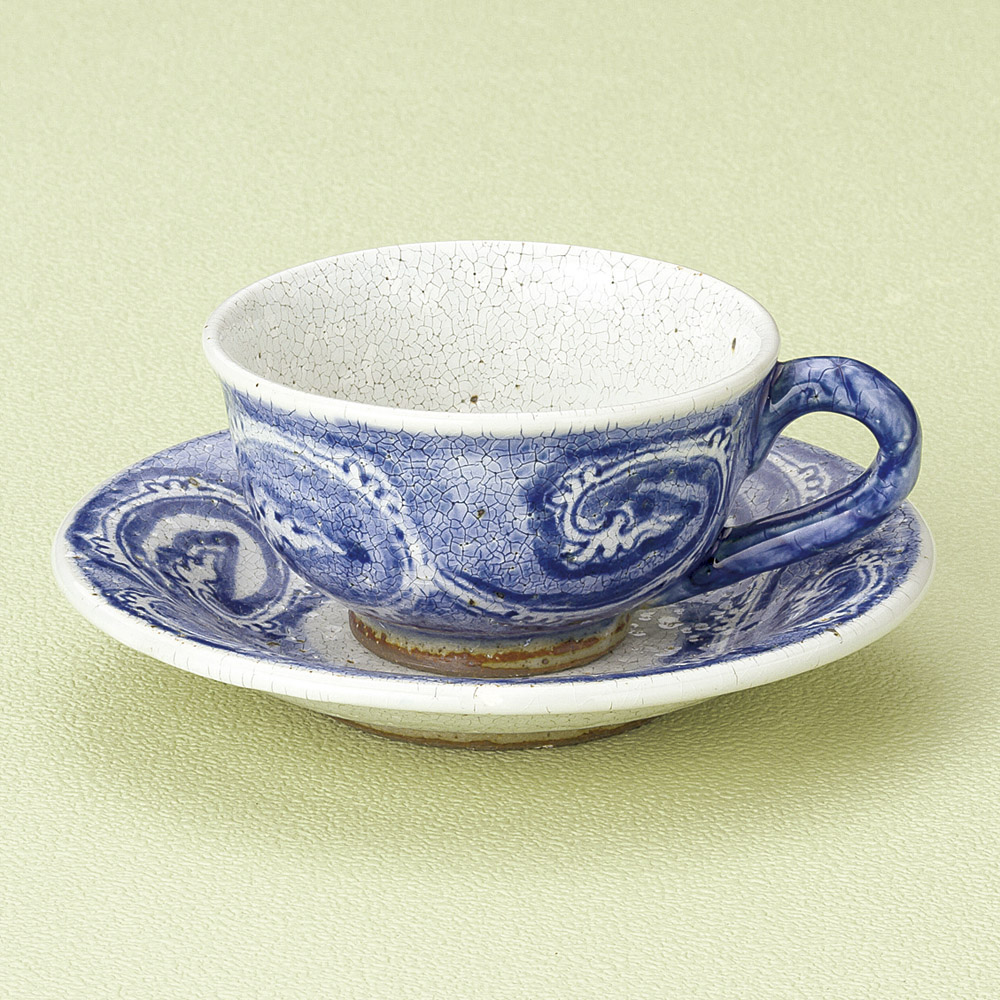 コーヒー 氷雪唐草 青コーヒー碗皿（手描き） [ 180ｃｃ ・ 9.7 x 6.3cm ] 【料亭 旅館 和食器 飲食店 業務用】