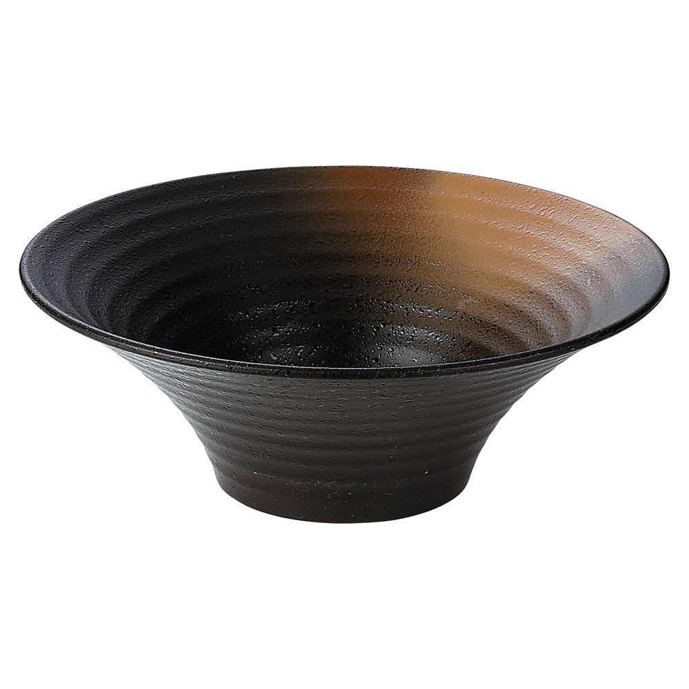 中皿・中鉢 ［シェルミン］２２１羽反ロクロ目麺鉢 金吹茶タタキ塗（中） [22.1&times;8cm･1000cc] | バイオマス おしゃれ 鉢 和カフェ 黒｜せともの本舗