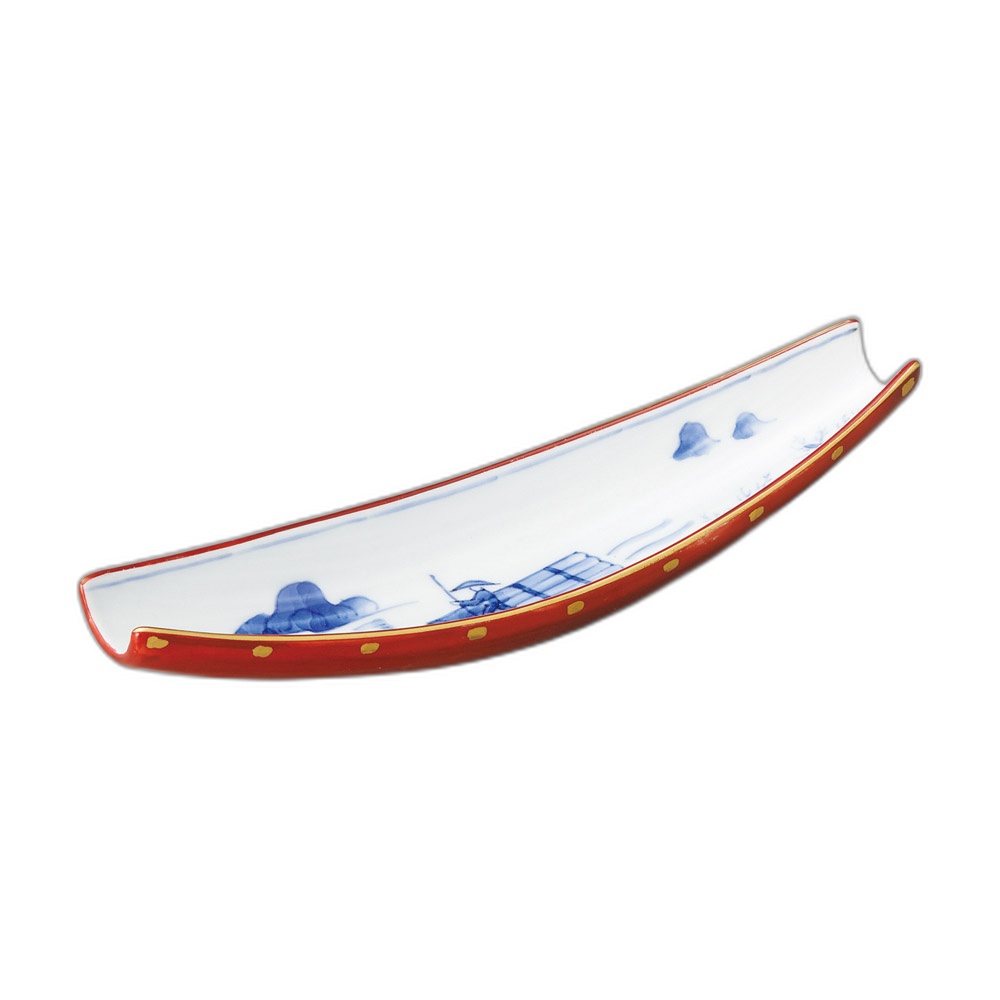 赤巻内筏絵線彫舟形付出（有田焼）[23.2x6.3x4.4糎]|食器 和食器 今めかしい 差し上げ物 差し上げ物 住まい用 差し上げ物