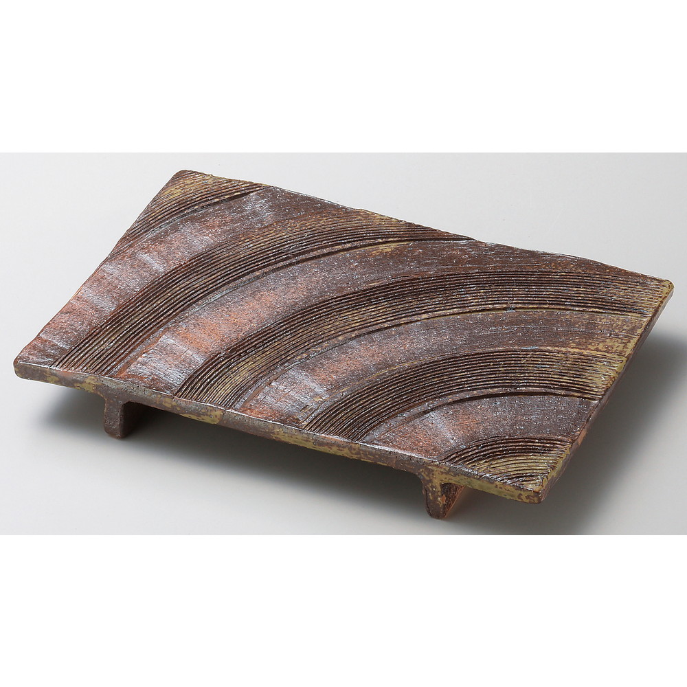 ☆ 角中皿 ☆ 備前風 くし目ゲタ足長角盛皿 [ 26.5 x 17.5 x 3.5cm ] 【 料亭 旅館 和食器 飲食店 業務用 】
