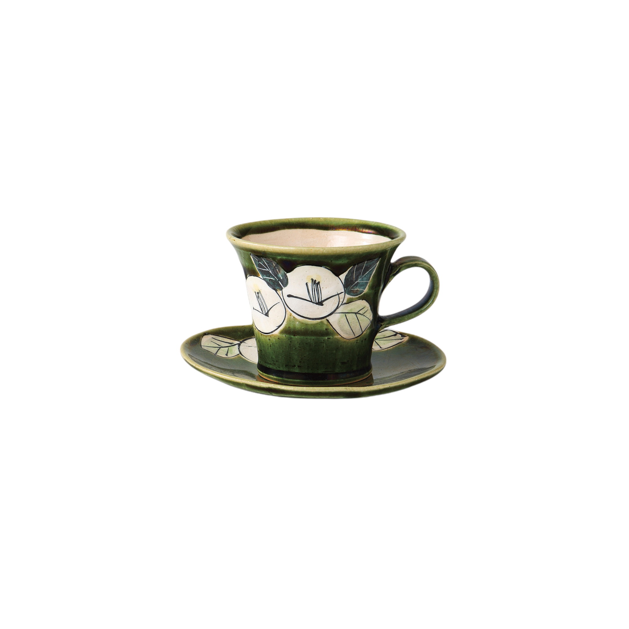 織部椿碗皿 [品：碗×1／9×10.8×7.3cm、皿×1／13.5×12.3×1.2cm]
