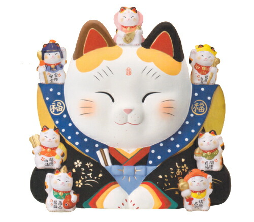 錦彩 七福神 福助 招き猫 10号 大きめ