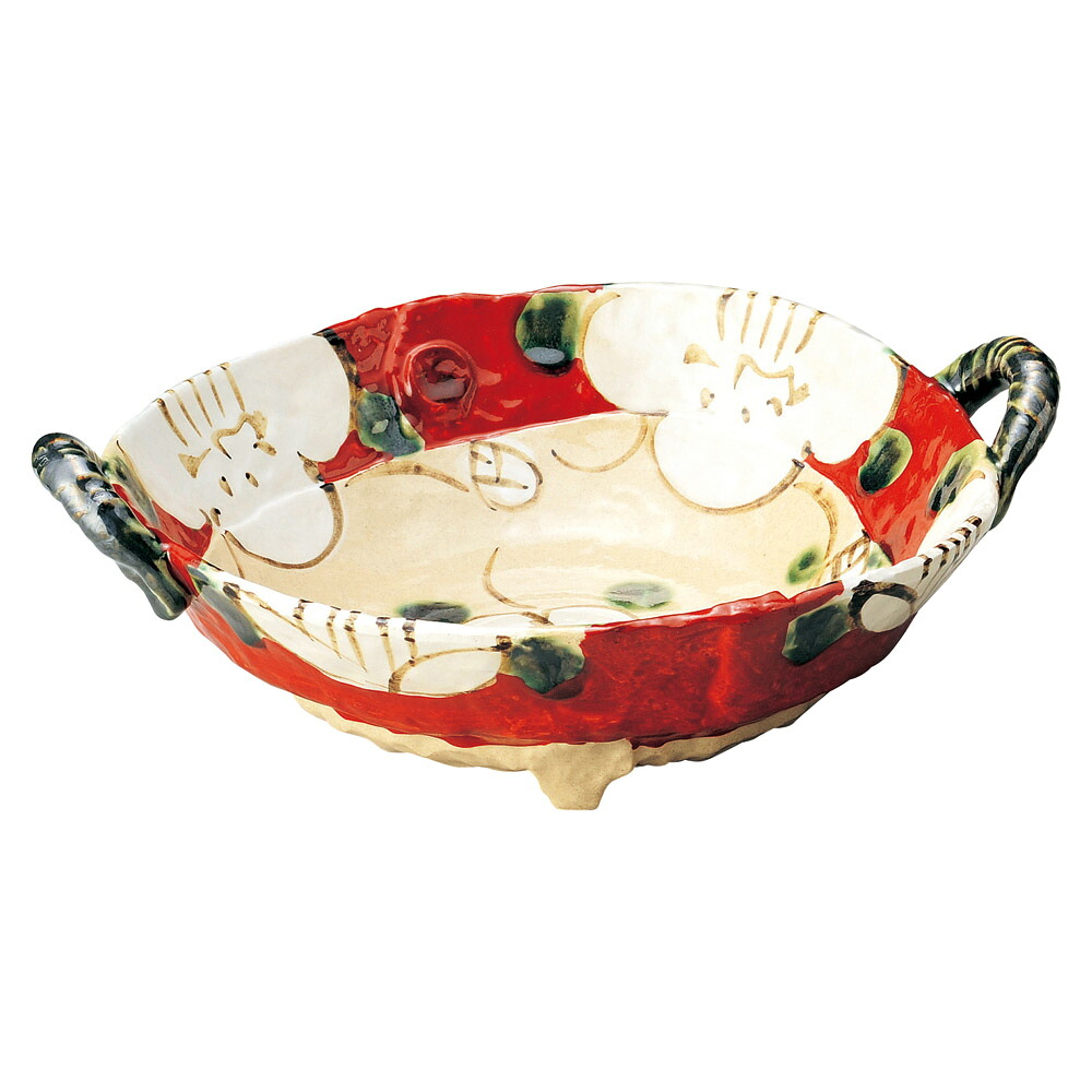上絵山茶花 （赤）手付鉢（大）