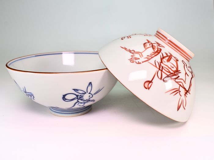 京・清水焼　鳥獣戯画 染赤絵巻　組飯碗 【ごはん茶碗　夫婦茶碗　鳥獣戯画】