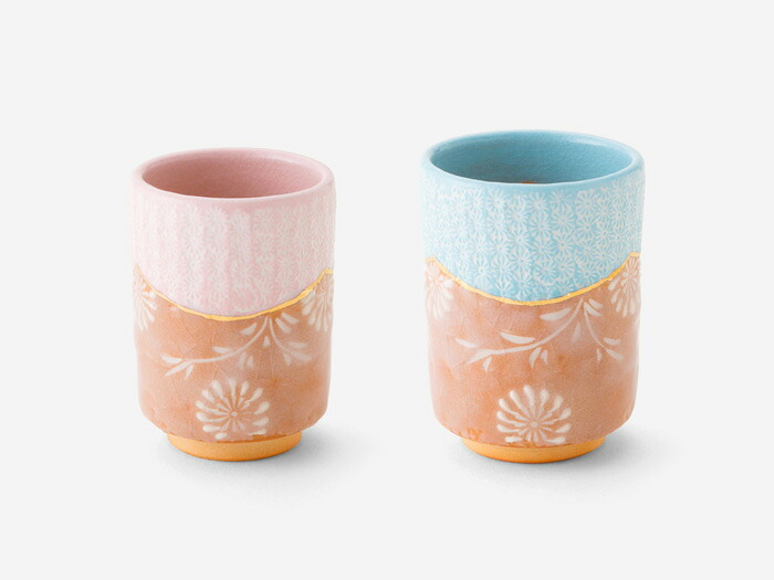 京都 清水焼 西川貞三郎商店「かより」 組湯呑　釉彩三島詰唐草（陶器）