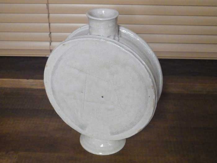 瀬戸 赤津焼 灰釉線紋　タイコ型花入