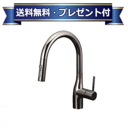 [KM6061ECBN]KVK グースネックシングルレバー式シャワー付混合栓 ｅレバー 黒ニッケル 吐水口回転規制160°
