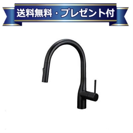 [KM6061VECM5]KVK グースネックシングルレバー式混合栓 ｅレバー・回転規制 マットブラック
