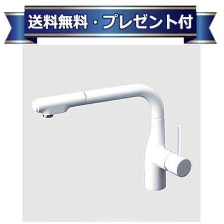 ＼4/30までエントリーで最大10万Pバック／プレゼント付き [KM6101ZECC4HS]KVK グロスホワイト シングルシャワー付混合栓 撥水シングルシリーズ シャワーヘッド引き出し 寒冷地用