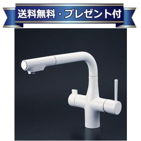 プレゼント付き [KM6121SCECM4]KVK 浄水器付シングルレバー式シャワー付混合栓 eレバー マットホワイト