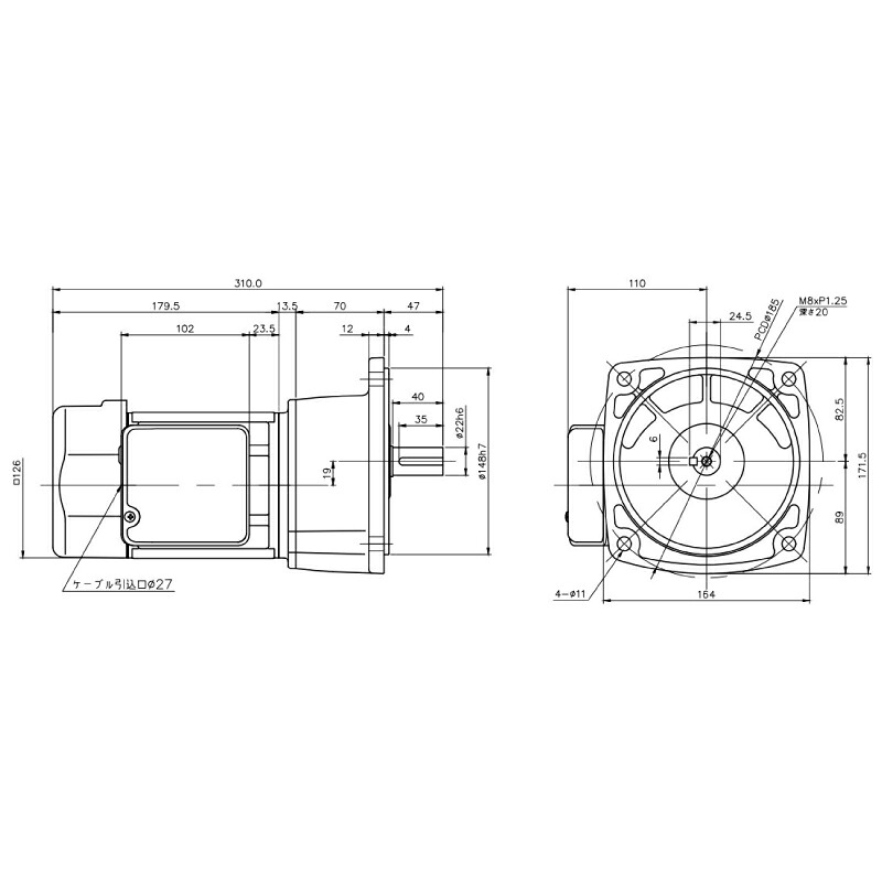 ニッセイ ギヤードモーター G3F22N50-MM02TNNTB2 平行軸 フランジ取付 0.2kW 減速比1/50 三相 200V 標準ブレーキ付 ターミナルボックス付