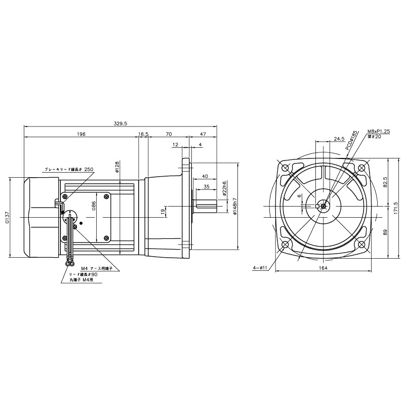 ニッセイ ギヤードモーター G3F22N25-MM04TNNNB2 平行軸 フランジ取付 0.4kW 減速比1/25 三相 200V 標準ブレーキ付 ターミナルボックスなし