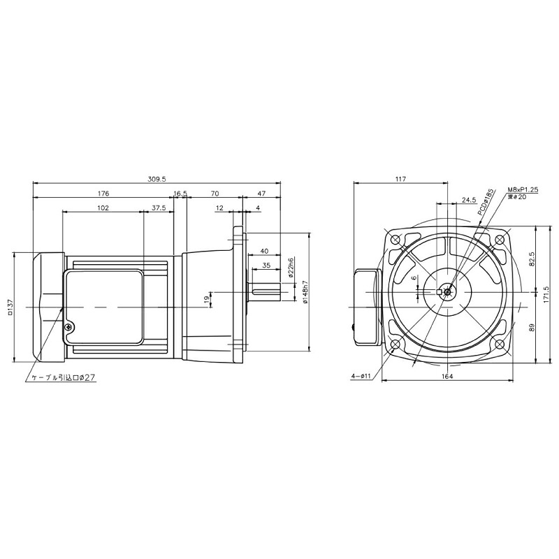 ニッセイ ギヤードモーター G3F22N5-MM04TWNTN 平行軸 フランジ取付 0.4kW 減速比1/5 三相 400V ブレーキなし ターミナルボックス付