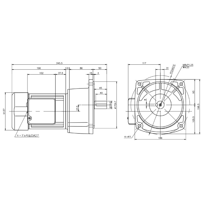 ニッセイ ギヤードモーター G3F28N50-MM04TWNTB4 平行軸 フランジ取付 0.4kW 減速比1/50 三相 400V 標準ブレーキ付 ターミナルボックス付