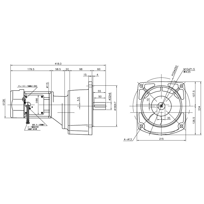 ニッセイ ギヤードモーター G3F32N450-MM02TWJNB4 平行軸 フランジ取付 0.2kW 減速比1/450 三相 400V 標準ブレーキ付 ターミナルボックスなし