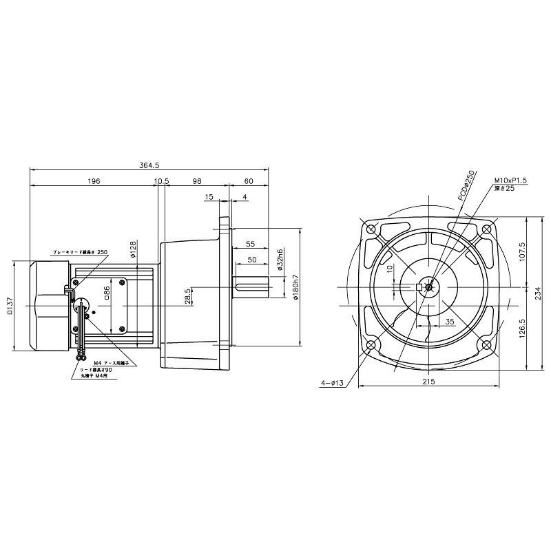 ニッセイ ギヤードモーター G3F32N120-MM04TWJNB4 平行軸 フランジ取付 0.4kW 減速比1/120 三相 400V 標準ブレーキ付 ターミナルボックスなし