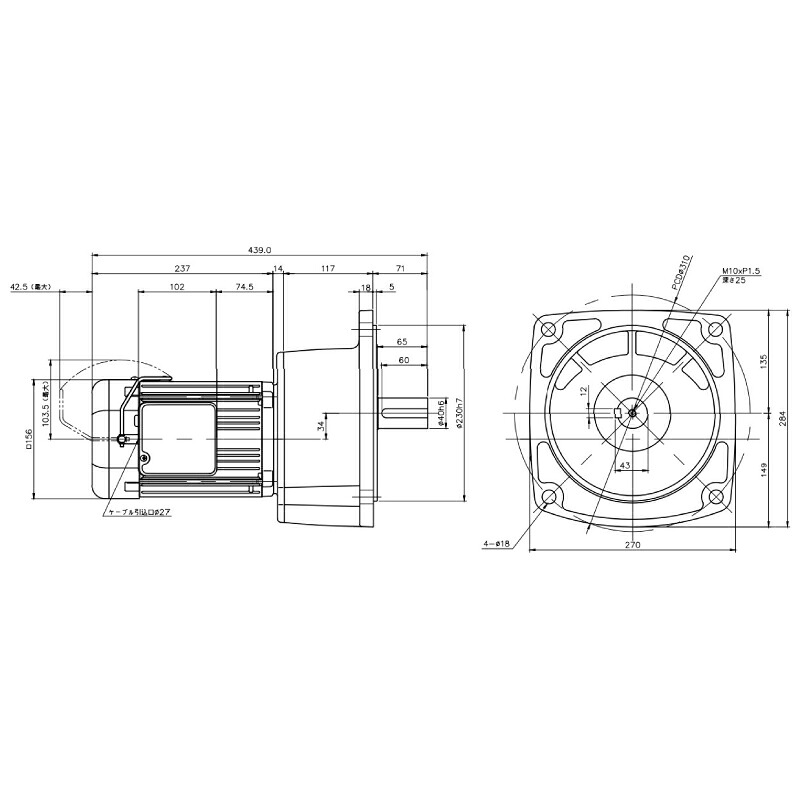 ニッセイ ギヤードモーター G3F40N120-MR08TNNTJ2 平行軸 フランジ初っきり 0.75kW 減速度比1/120 三相 200V 打ち切り手動解きはなす備え付ける付 停留所ボックス席付