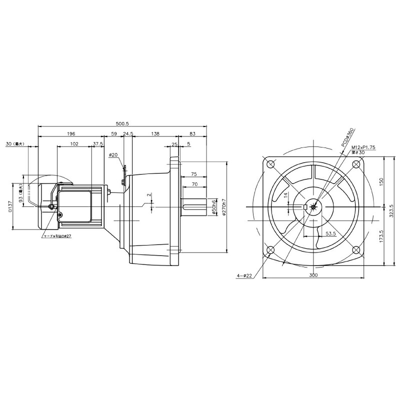 ニッセイ ギヤードモーター G3F50N750-MM04TWNTJ4 平行軸 フランジ取付 0.4kW 減速比1/750 三相 400V ブレーキ手動解放装置付 ターミナルボックス付｜設備プロ王国　店