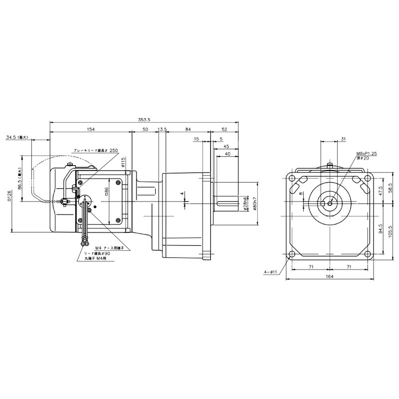 ニッセイ ギヤードモーター G3K28N450-MM01TNNNJ2 平行軸 小フランジ取付 0.1kW 減速比1/450 三相 200V ブレーキ手動解放装置付 ターミナルボックスなし