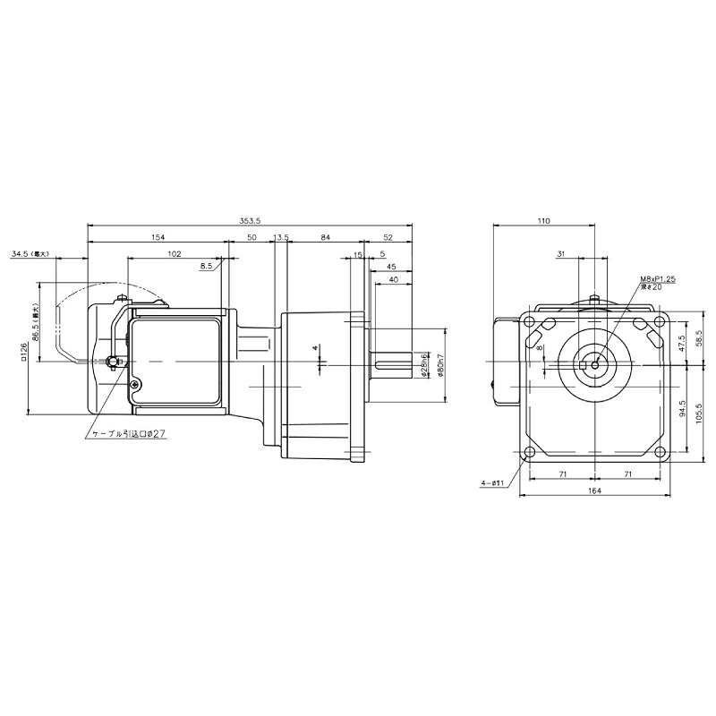 ニッセイ ギヤードモーター G3K28N450-MM01TNNTJ2 平行軸 小フランジ取付 0.1kW 減速比1/450 三相 200V ブレーキ手動解放装置付 ターミナルボックス付