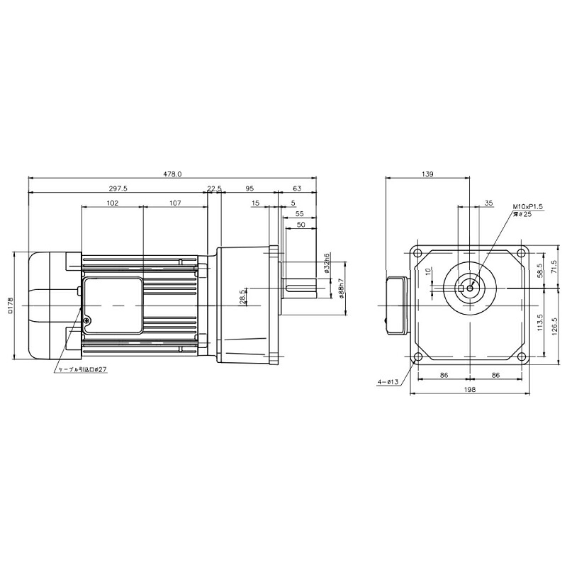 ニッセイ ギヤードモーター G3K32N5-MR15TNNTB2 平行軸 小フランジ取付 1.5kW 減速比1/5 三相 200V 標準ブレーキ付 ターミナルボックス付｜設備プロ王国　店