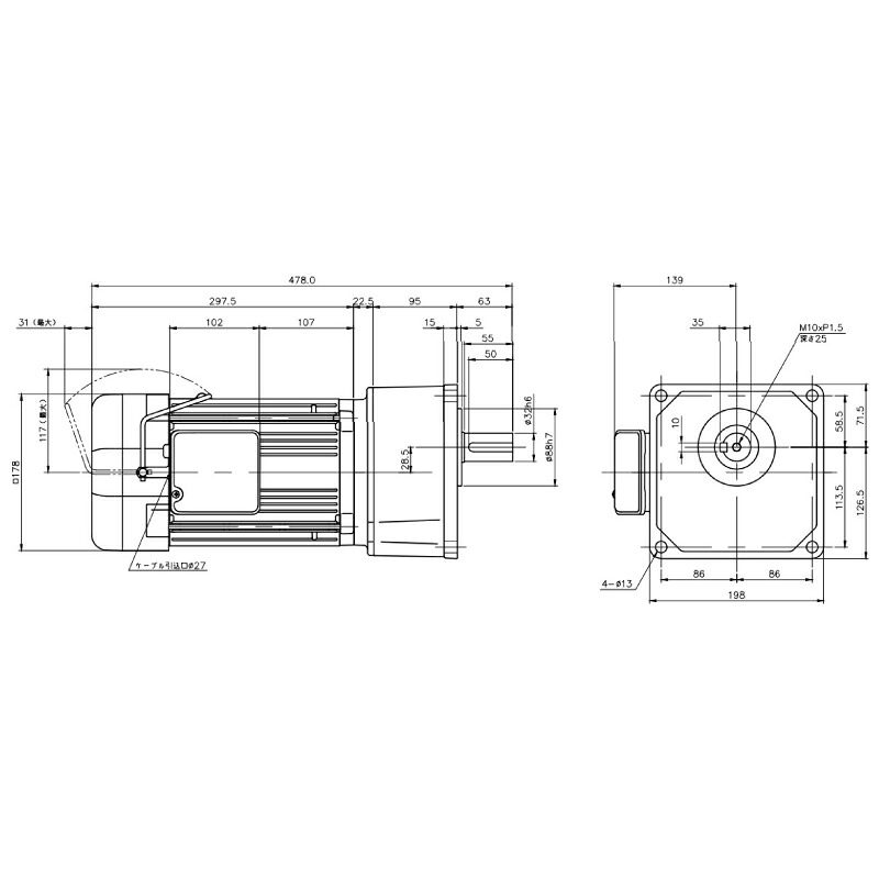 ニッセイ ギヤードモーター G3K32N5-MR15TWNTJ4 平行軸 小フランジ取付 1.5kW 減速比1/5 三相 400V ブレーキ手動解放装置付 ターミナルボックス付|設備プロ王国 店