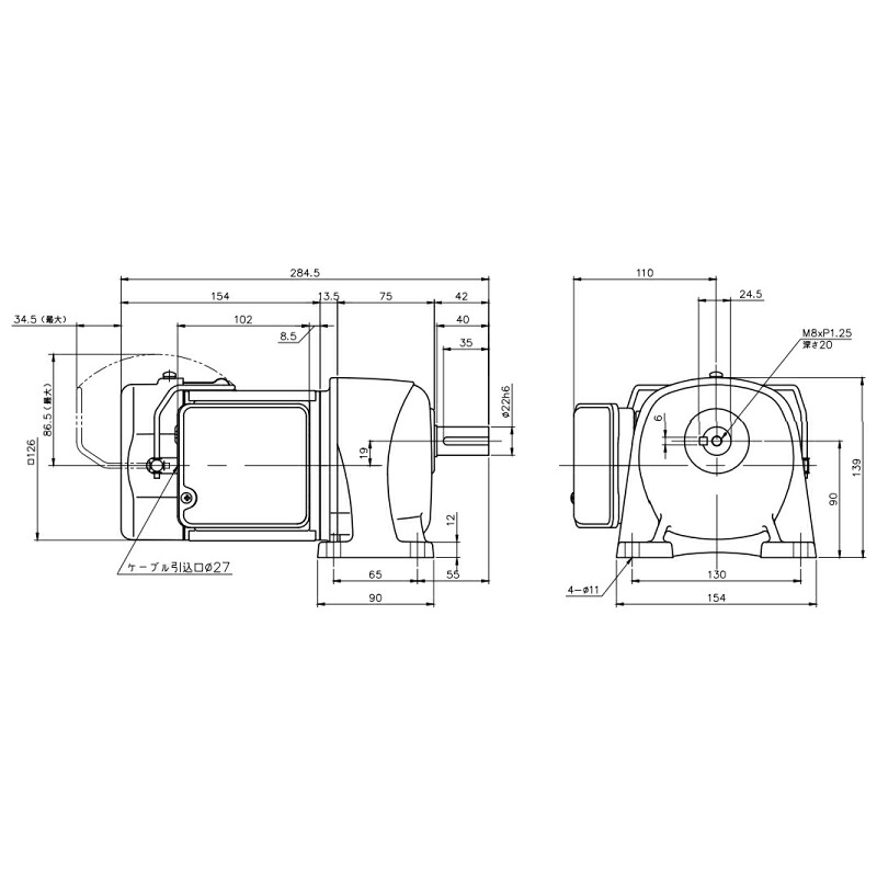 ニッセイ ギヤードモーター G3L22N160-MM01TWNTJ4 平行軸 脚打っ付け 0.1kW 減速度比1/160 三相 400V 手動解きはなす打ちきり付 停留所ボックス席付 軸カーボン鋼