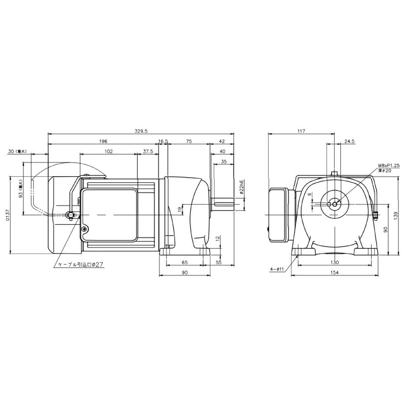 ニッセイ ギヤードモーター G3L22N15-MM04TWNTJ4 平行軸 脚取付 0.4kW 減速比1/15 三相 400V 手動解放ブレーキ付 ターミナルボックス付 軸炭素鋼