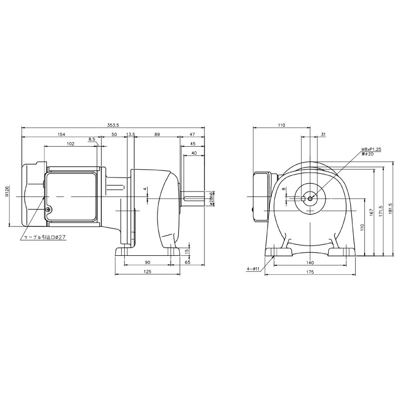 ニッセイ ギヤードモーター G3L28N300-MM01TWNTB4 平行軸 脚取付 0.1kW 減速比1/300 三相 400V ブレーキ付 軸炭素鋼 ターミナルボックス付｜設備プロ王国　店