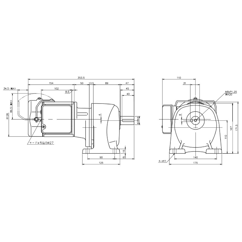 ニッセイ ギヤードモーター G3L28N375-MM01TNNTJ2 平行軸 脚取付 0.1kW 減速比1/375 三相 200V 手動解放ブレーキ付 ターミナルボックス付 軸炭素鋼