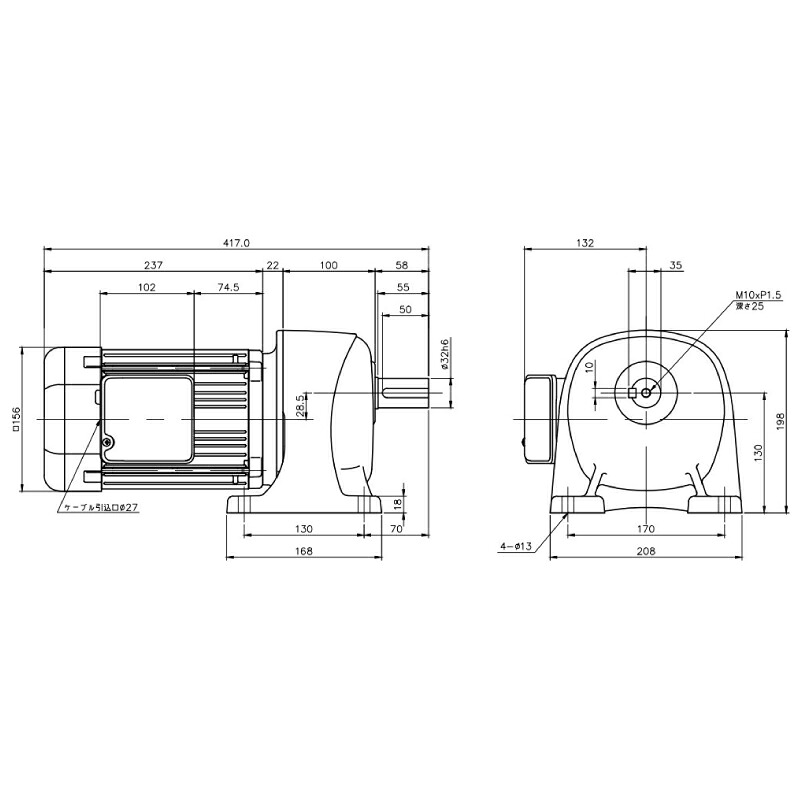 ニッセイ ギヤードモーター G3L32N100-MR08TNNTB2 平行軸 脚取付 0.75kW 減速比1/100 三相 200V ブレーキ付 軸炭素鋼 ターミナルボックス付｜設備プロ王国　店 75,402円