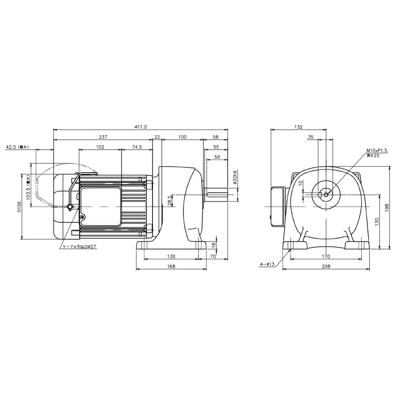 ニッセイ ギヤードモーター G3L32N60-MR08TWNTJ4 平行軸 脚取付 0.75kW 減速比1/60 三相 400V 手動解放ブレーキ付 ターミナルボックス付 軸炭素鋼｜設備プロ王国　店