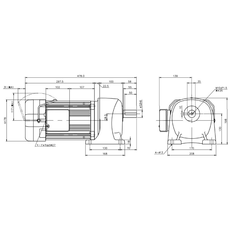 ニッセイ ギヤードモーター G3L32N5-MR15TWNTJ4 平行軸 脚取付 1.5kW 減速比1/5 三相 400V 手動解放ブレーキ付 ターミナルボックス付 軸炭素鋼|設備プロ王国 店