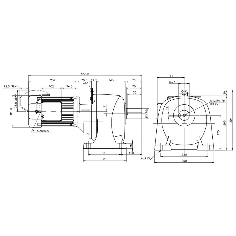 ニッセイ ギヤードモーター G3L50N375-MR08TWNTJ4 平行軸 脚取付 0.75kW 減速比1/375 三相 400V 手動解放ブレーキ付 ターミナルボックス付 軸炭素鋼｜設備プロ王国　店