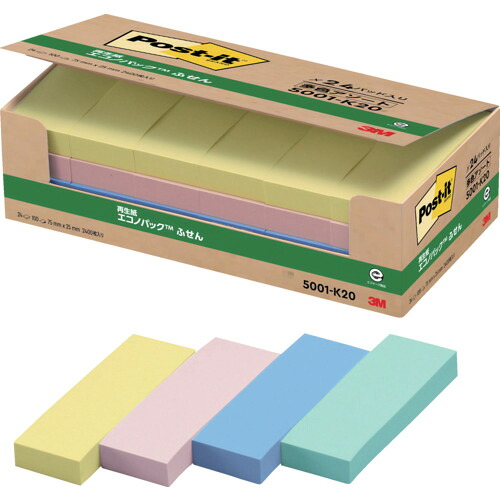 3M 郵便受け・イット 5001-K20 75X25粍 4色混色100枚X24パッド＝2400枚入 10箱まとめ売り 10箱 【まとめ売り商いもの】
