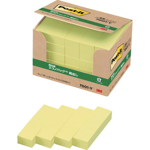 3M ポスト・イット 7001-Y 50X15mm 100枚X25パッド イエロー 20PKまとめ売り 20PK 【まとめ売り商品】
