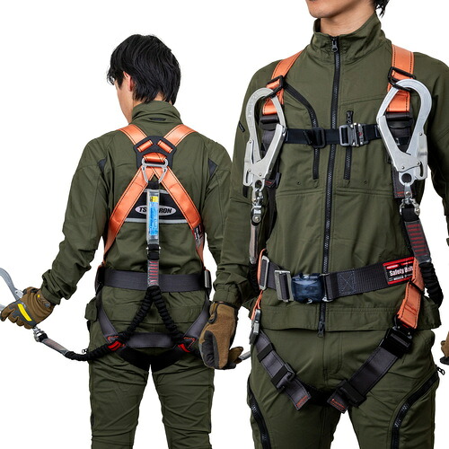 TSUYORON コアハーネス TH-502-2NV93SV-OT-OR-L-2R23-BX 胴ベルト付き ツインランヤード付き 伸縮式ノビロン(BK) オレンジ Lサイズ